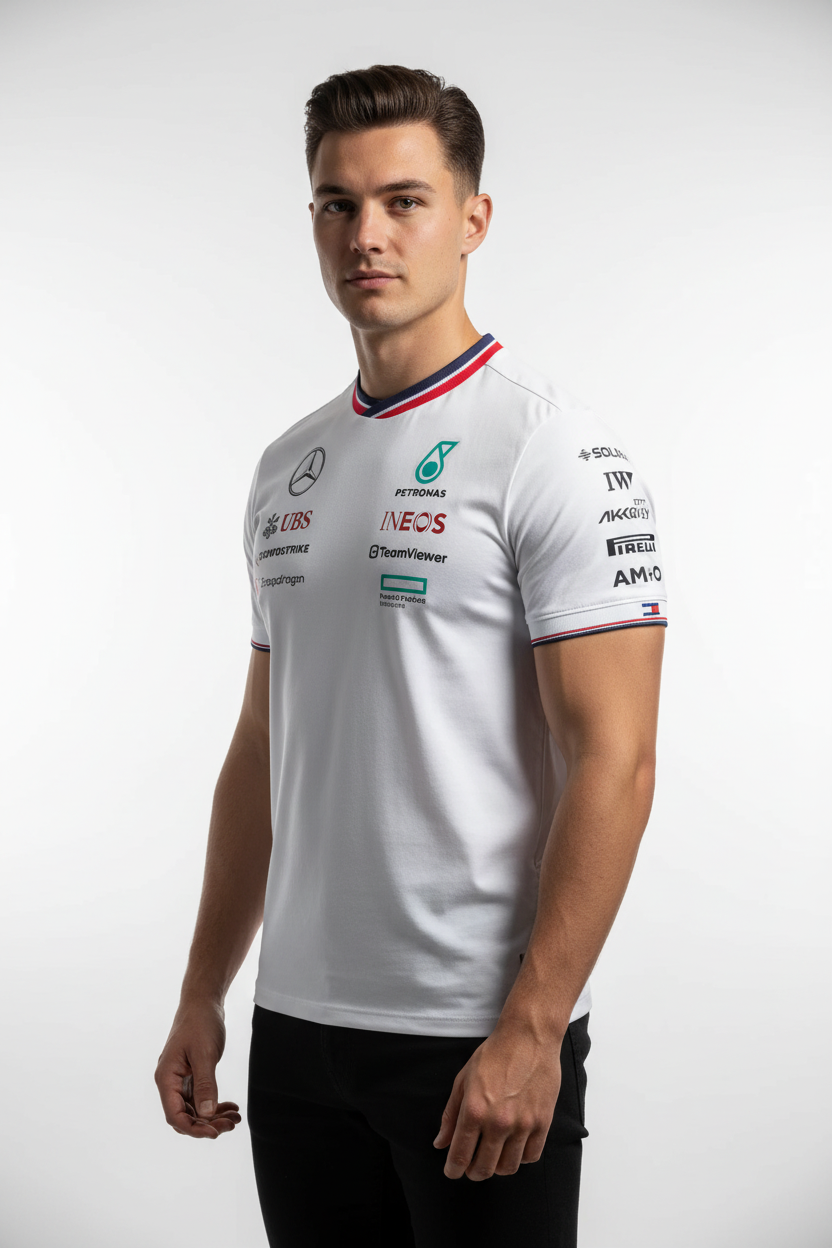 Premium model wearing Mercedes F1 jersey