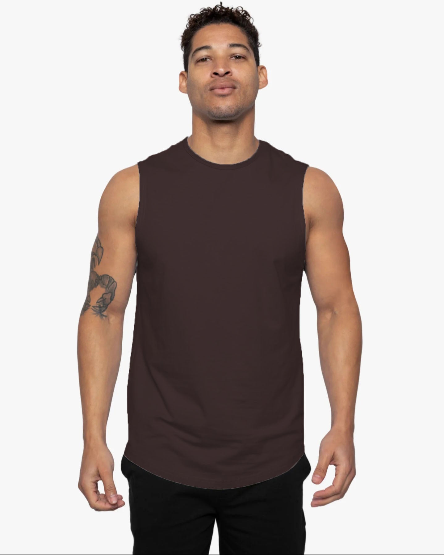 Sleeveless Curve Crew-BROWN